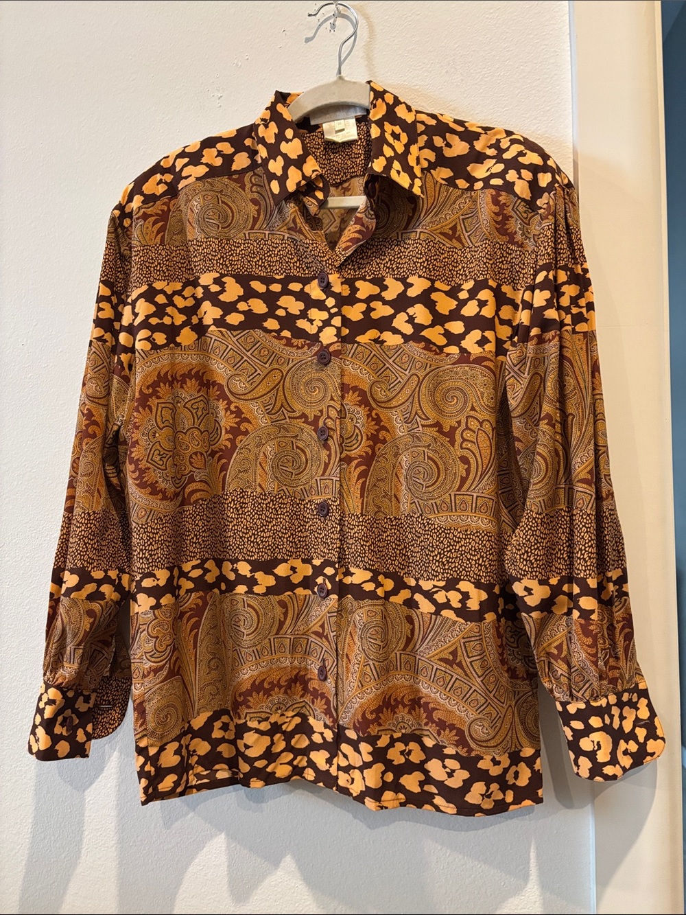 Vintage Escada Niassu 100% Silk Top Women's Patterned Button-Up Shirt Brown Gold